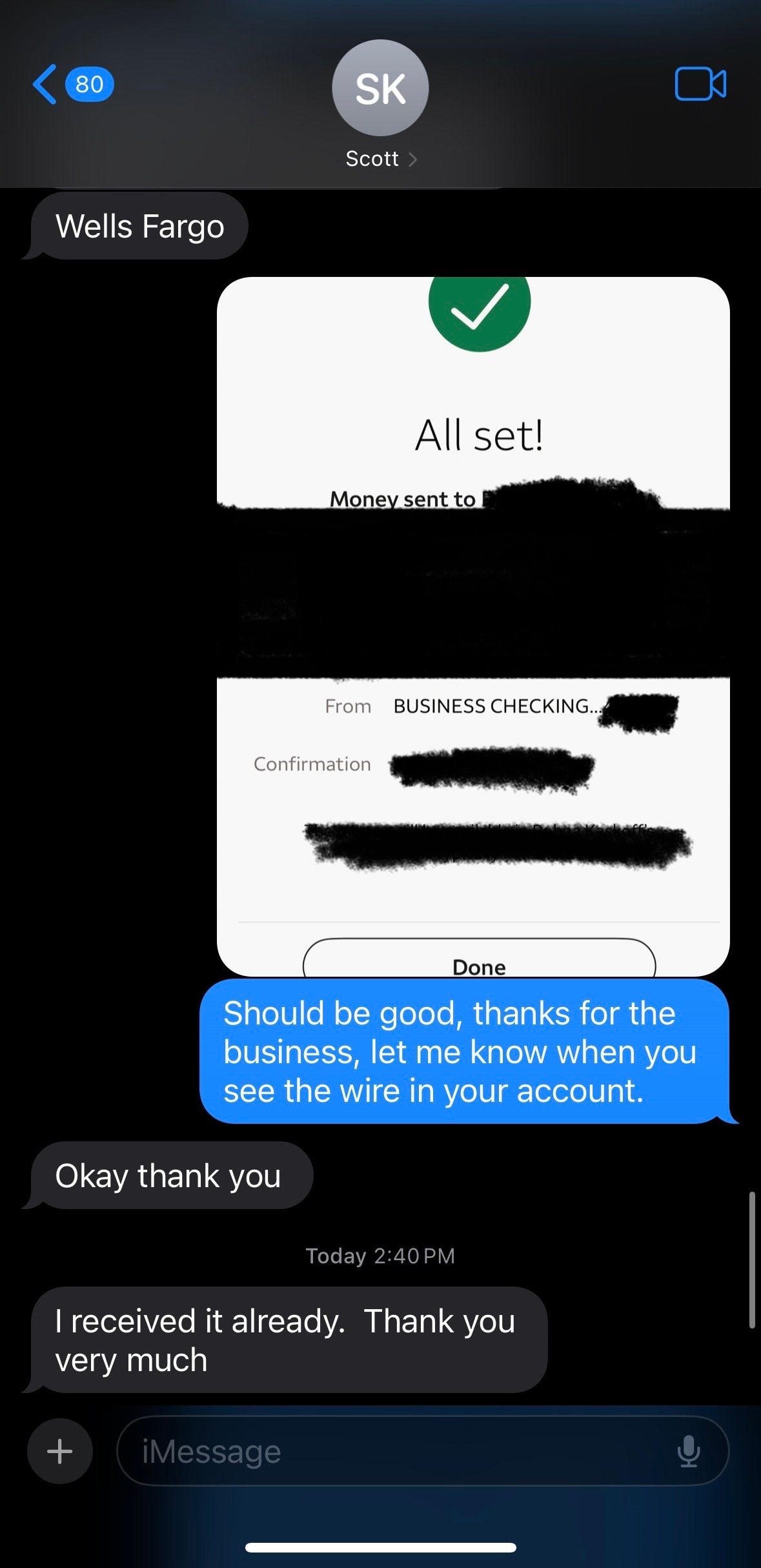 Wire transfer confirmation — customer paid same day