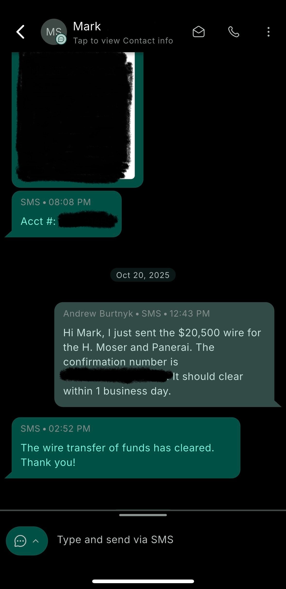 Wire transfer for H. Moser and Panerai watches