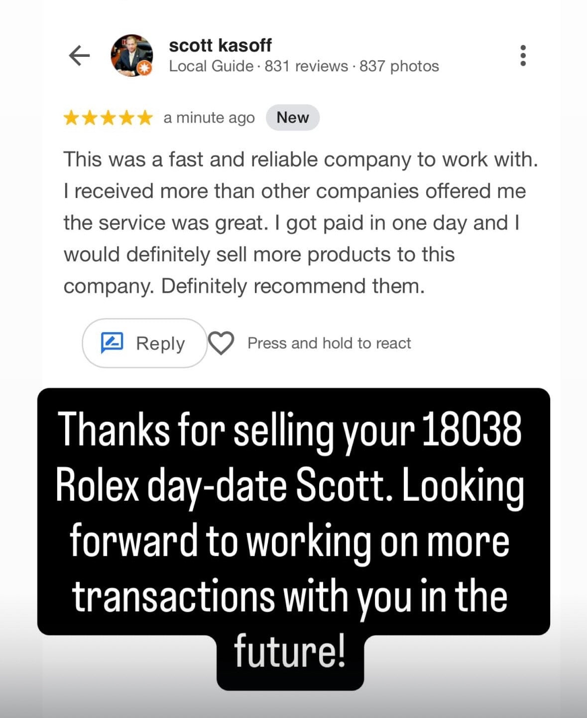 5-star Google review from Scott Kasoff