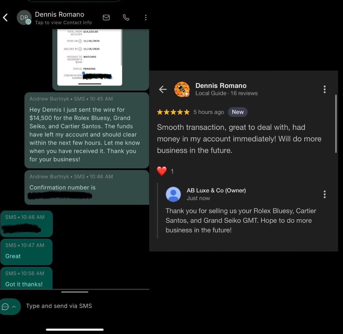 Wire transfer and Google review from Dennis Romano